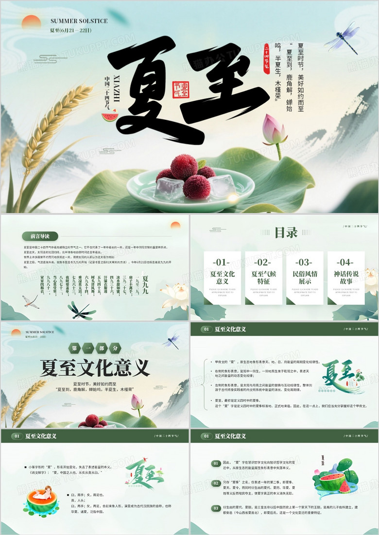 绿色中国风二十四节气之夏至PPT模板