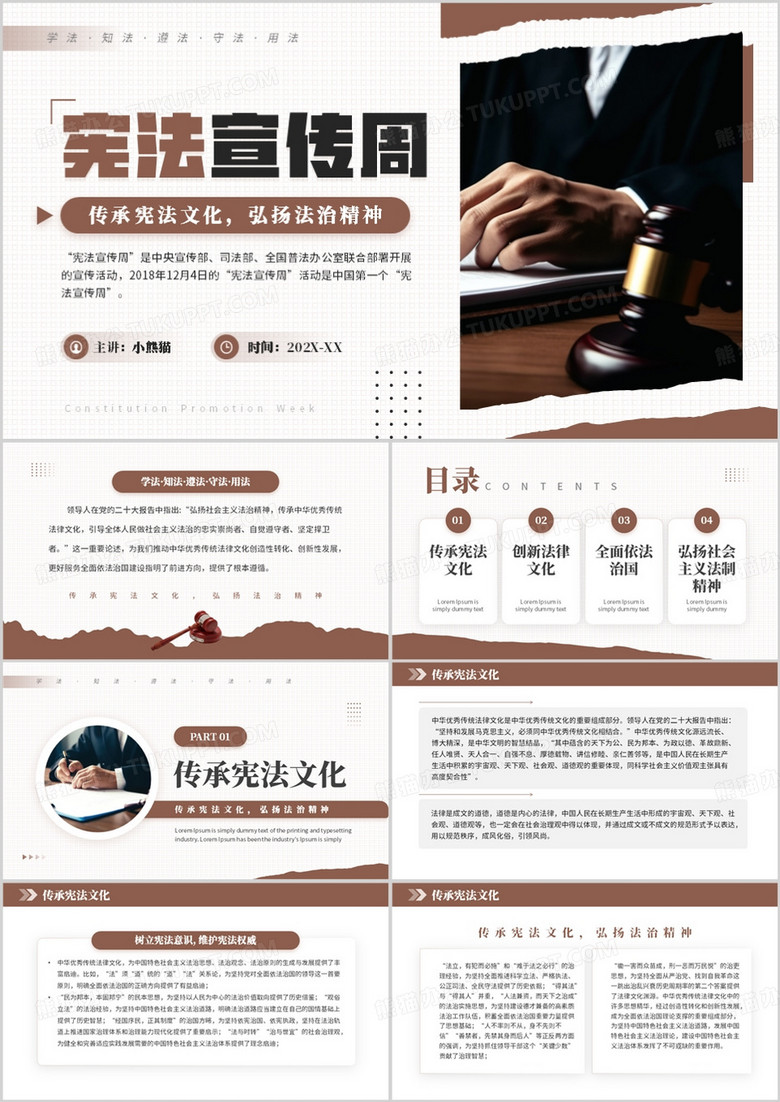 棕色简约风宪法宣传周弘扬法治精神PPT模板