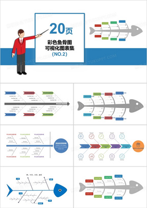 蓝色20页彩色鱼骨图可视化图表集PPT模板