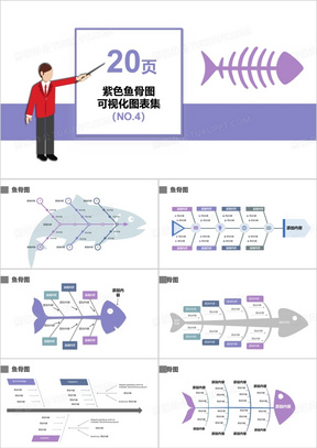 紫色20页鱼骨图可视化图表集PPT模板