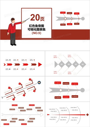 红色20页鱼骨图可视化图表集PPT模板