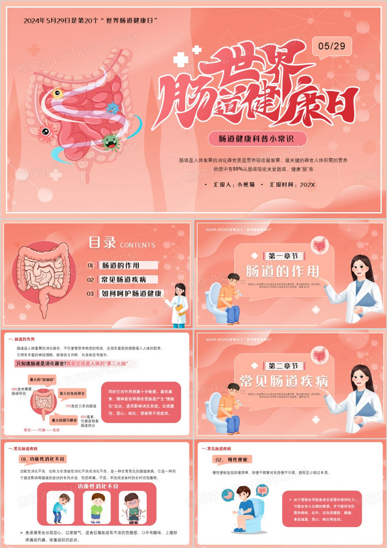 粉色卡通风世界肠道健康日PPT模板