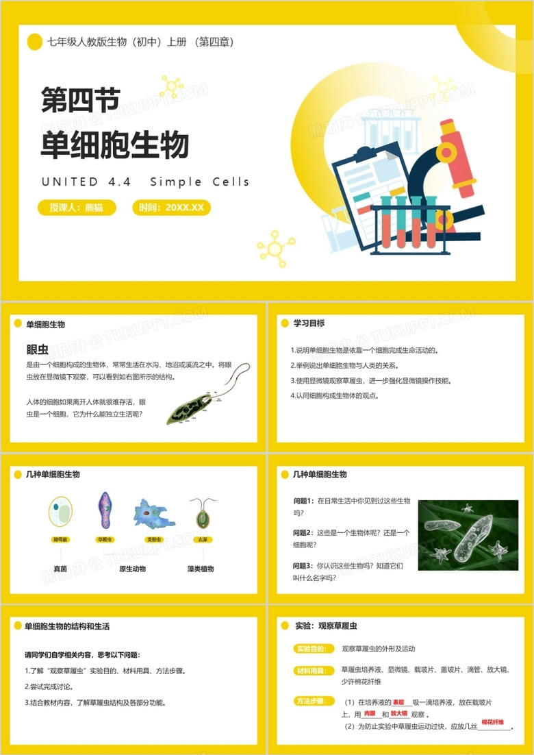 部编版七年级生物上册单细胞生物课件PPT模板