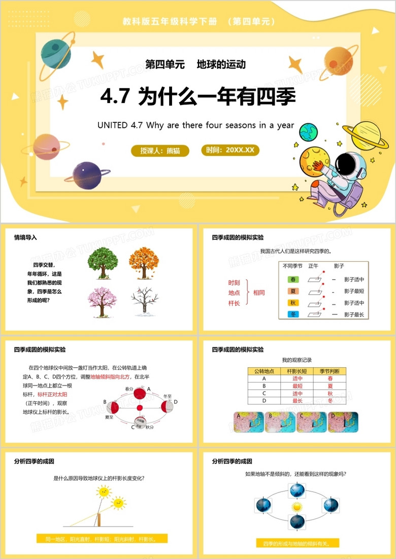 教科版五年级科学下册为什么一年有四季课件PPT模板