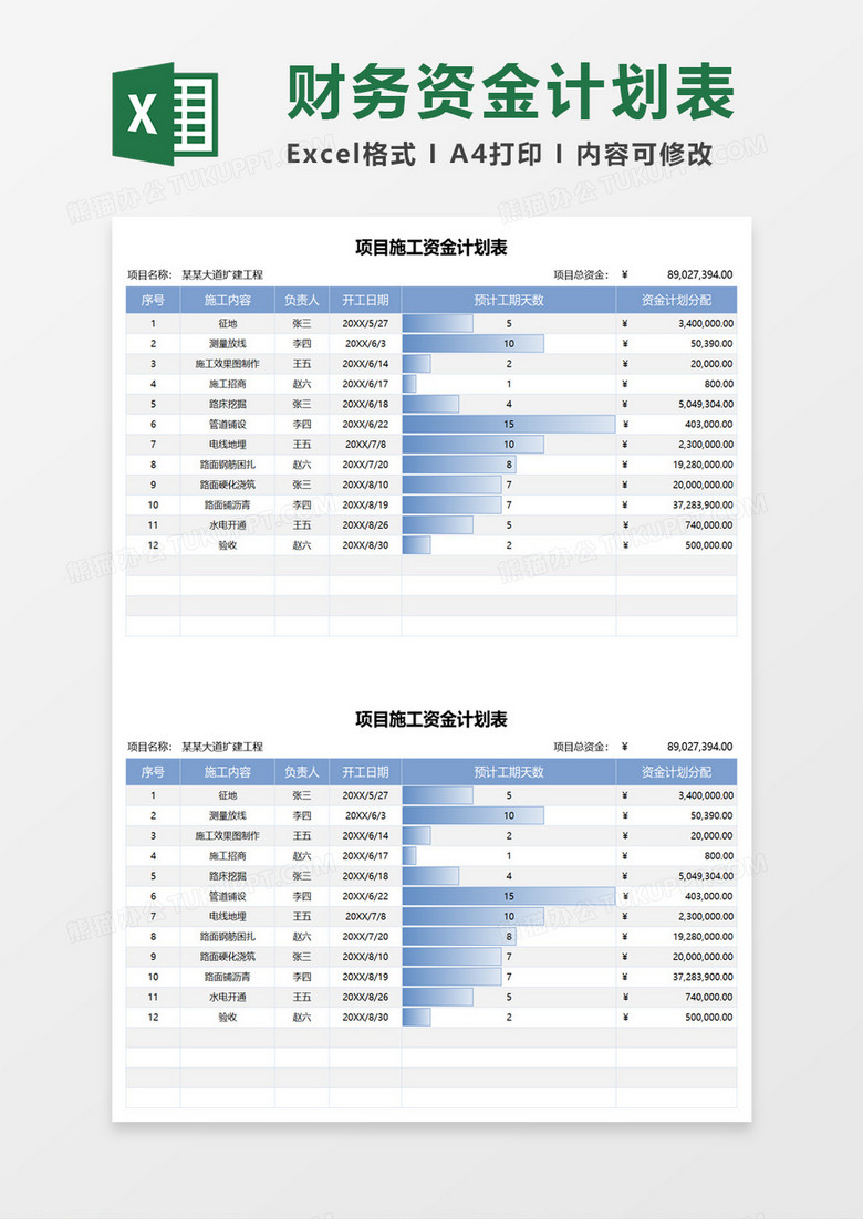 项目施工资金计划表excel模板