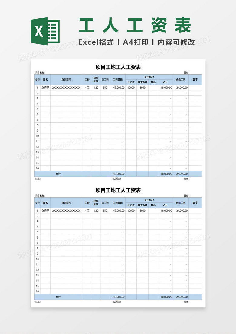 项目工地工人工资表excel模板