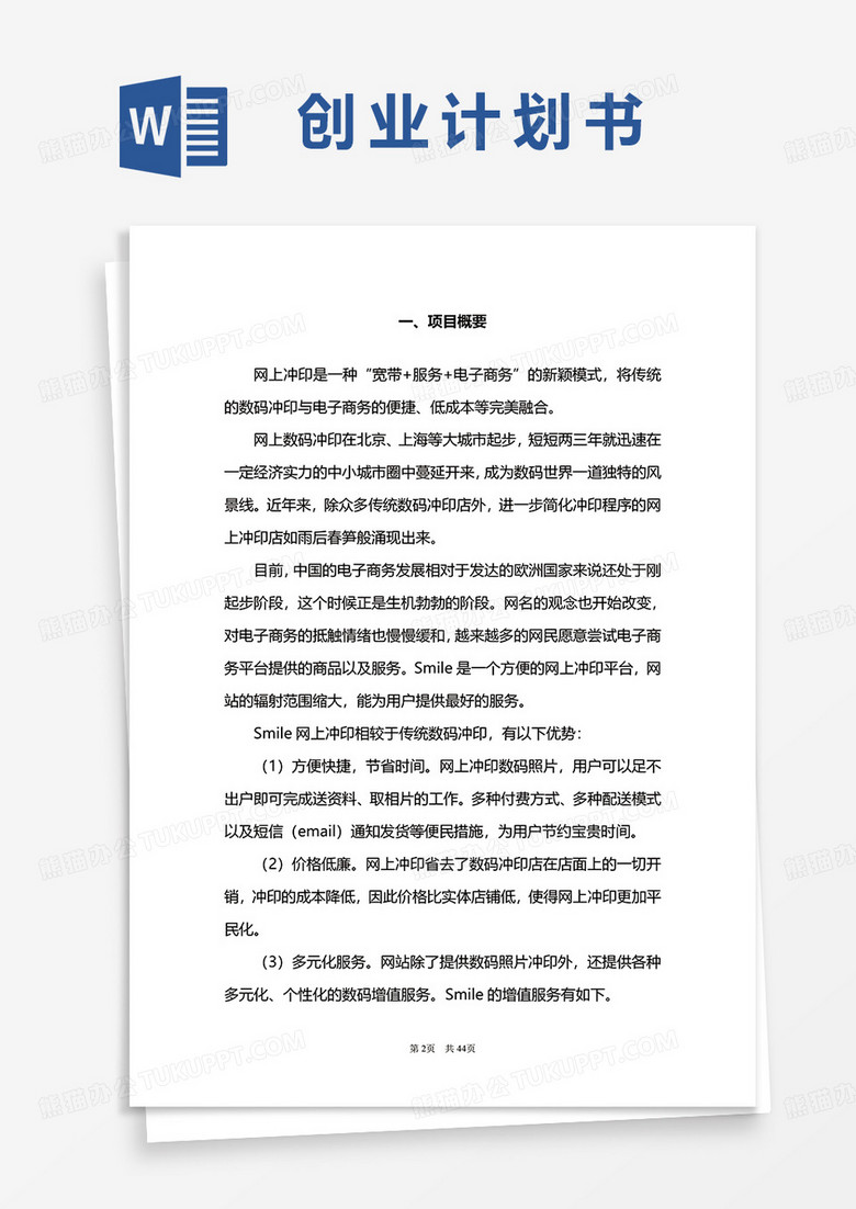 冲印网站创业计划书word模板
