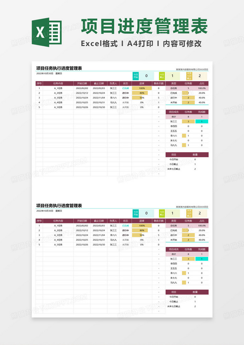 项目任务执行进度管理表excel模板