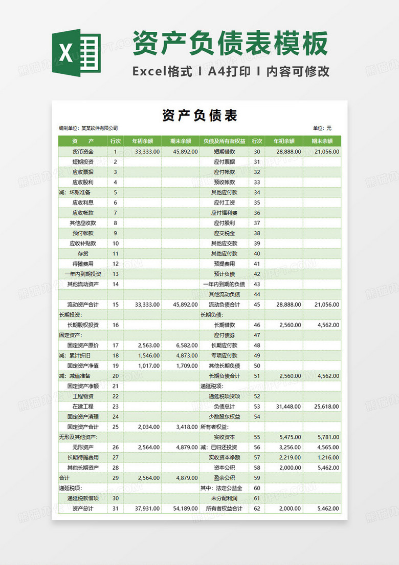 公司通用资产负债表excel模板