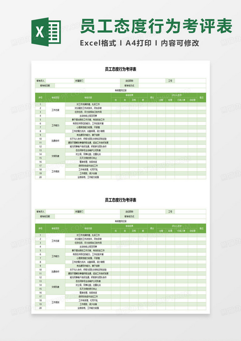 员工态度行为考评表excel模板