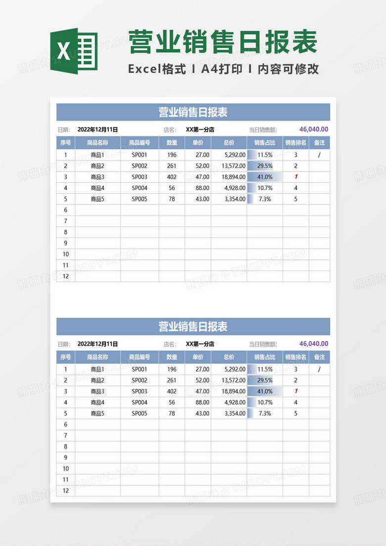 简约通用营业销售日报表excel模板