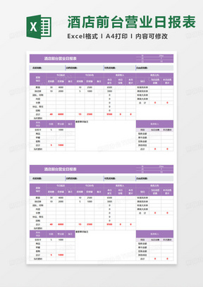 酒店前台营业日报表excel模板