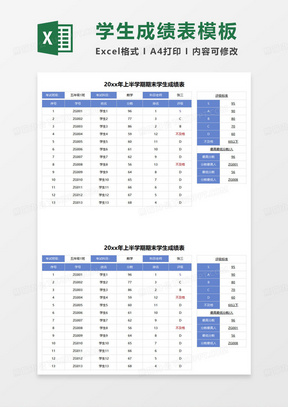 某年上半学期期末学生成绩表excel模板