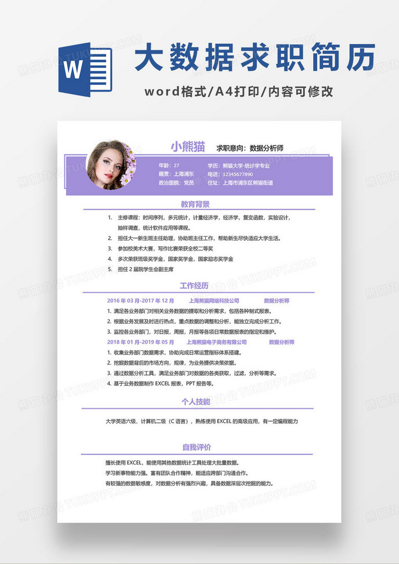 简约紫色个人数据分析师求职简历