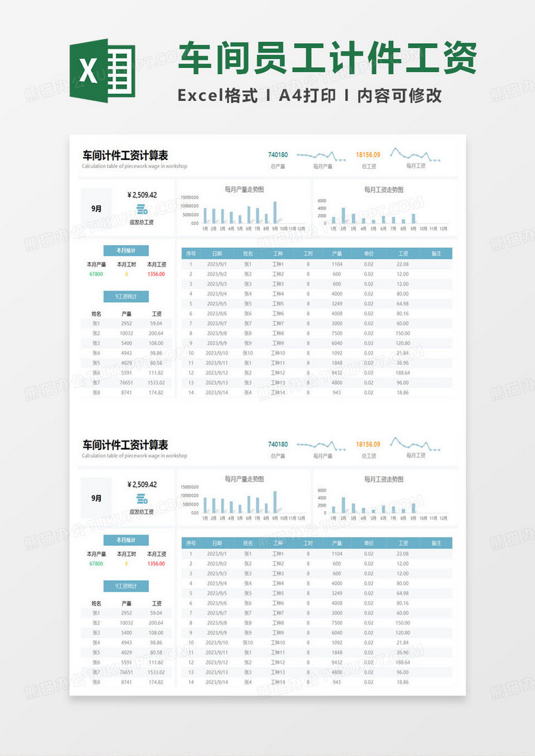 蓝色简约车间计件工资计算表excel模板