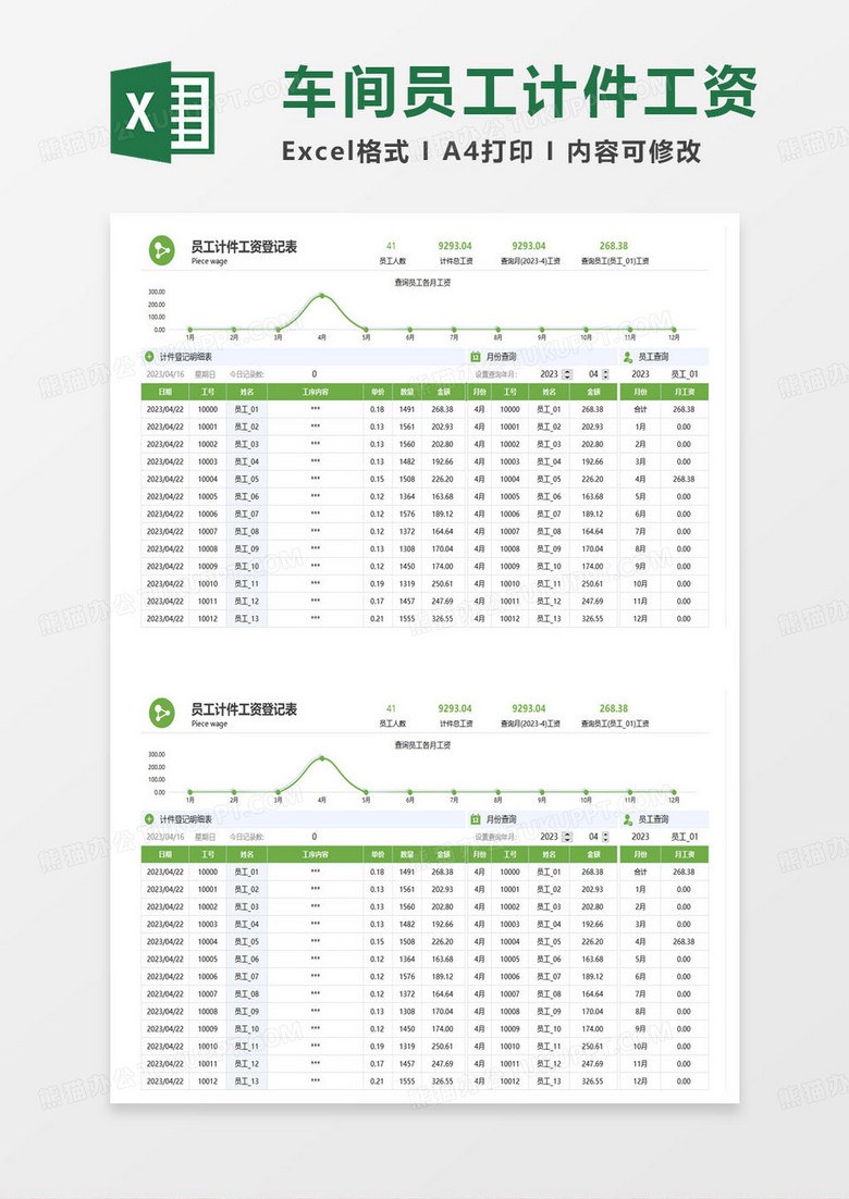 员工计件工资登记表excel模板