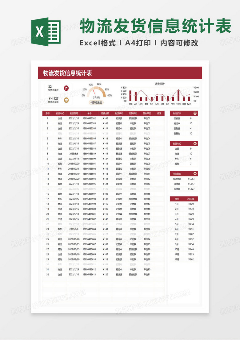 红色简约物流发货信息统计表excel模板