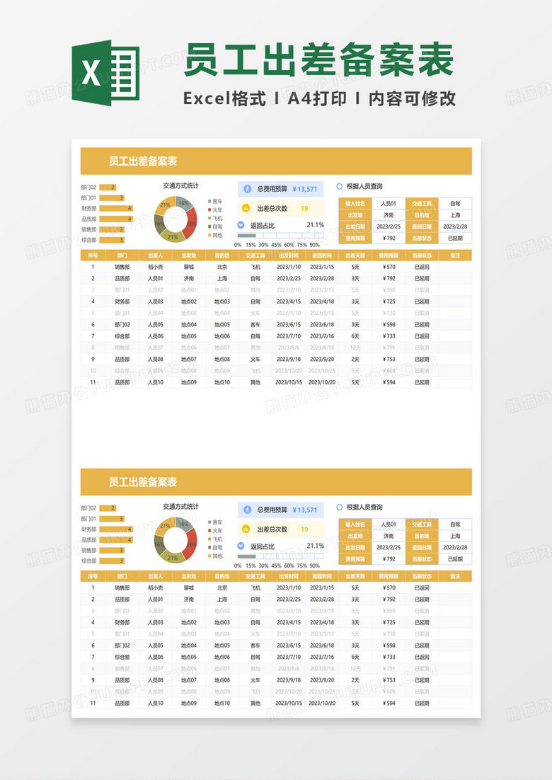 黄色简约员工出差备案表excel模板