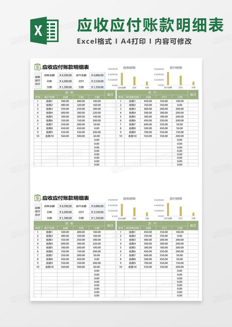 绿色简约企业应收应付账款明细表excel模板