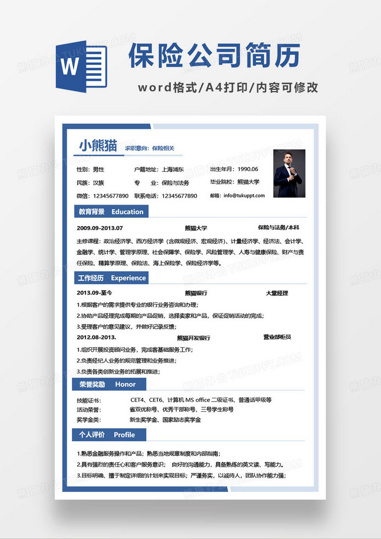 简约蓝色商务风保险类相关岗位求职简历