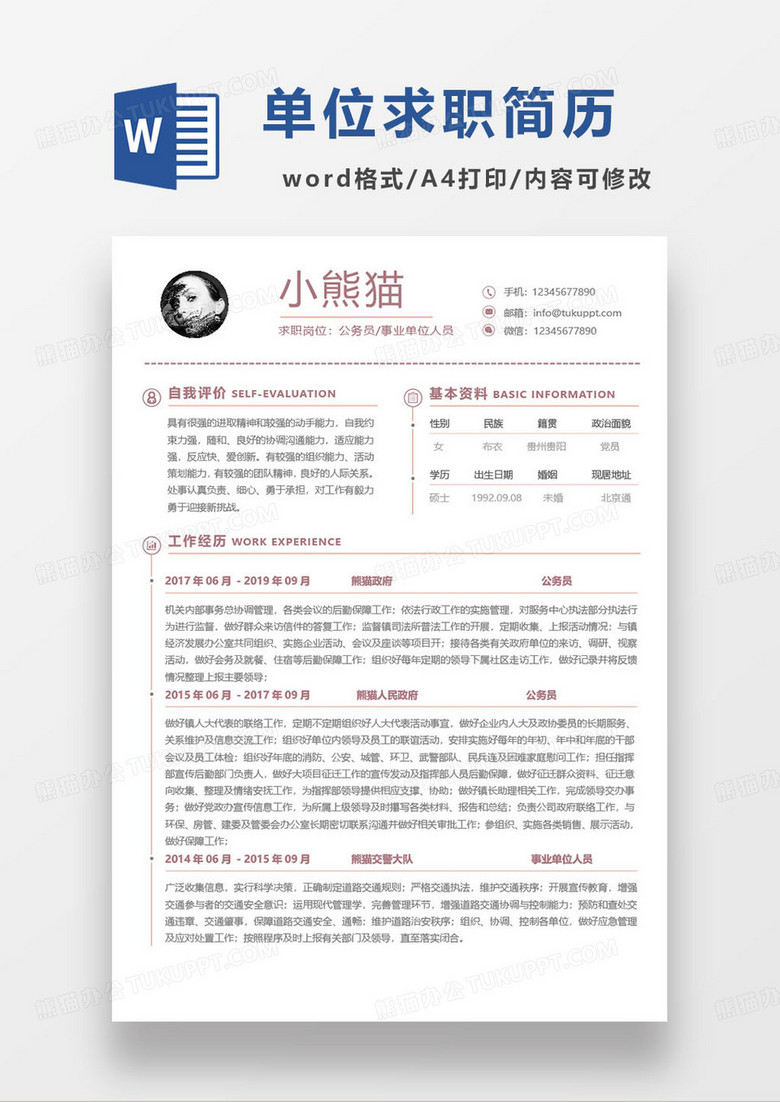 简约公务员事业单位求职简历