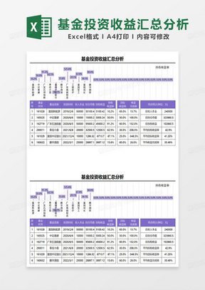 紫色简约基金投资收益汇总分析表excel模板