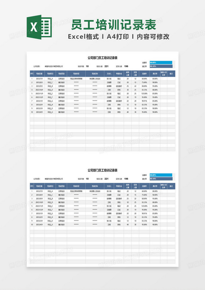 蓝色简约公司部门员工培训记录表excel模板