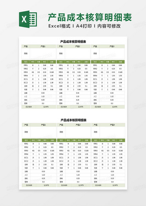 绿色简约产品成本核算明细表excel模板