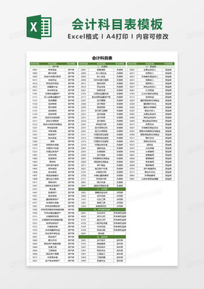 绿色简约会计科目表excel模板