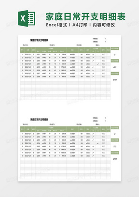 绿色简约家庭日常开销明细excel模板