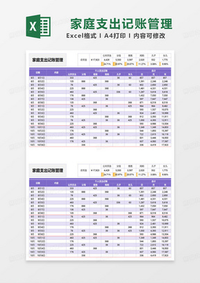 紫色简约家庭支出记账管理表范本excel模板