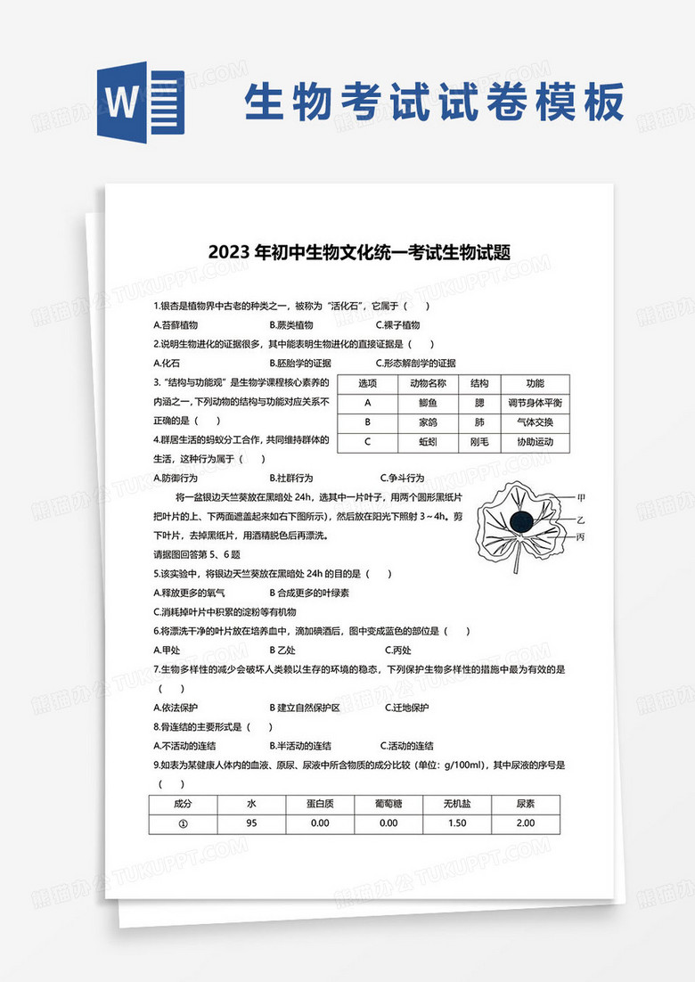 2023年初中生物文化统一考试生物试题word模板