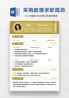 黄色简约商务风采购助理个人求职简历word模板