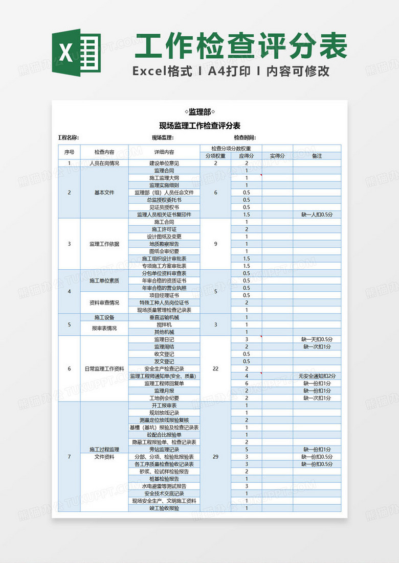 蓝色简约现场监理工作检查评分表