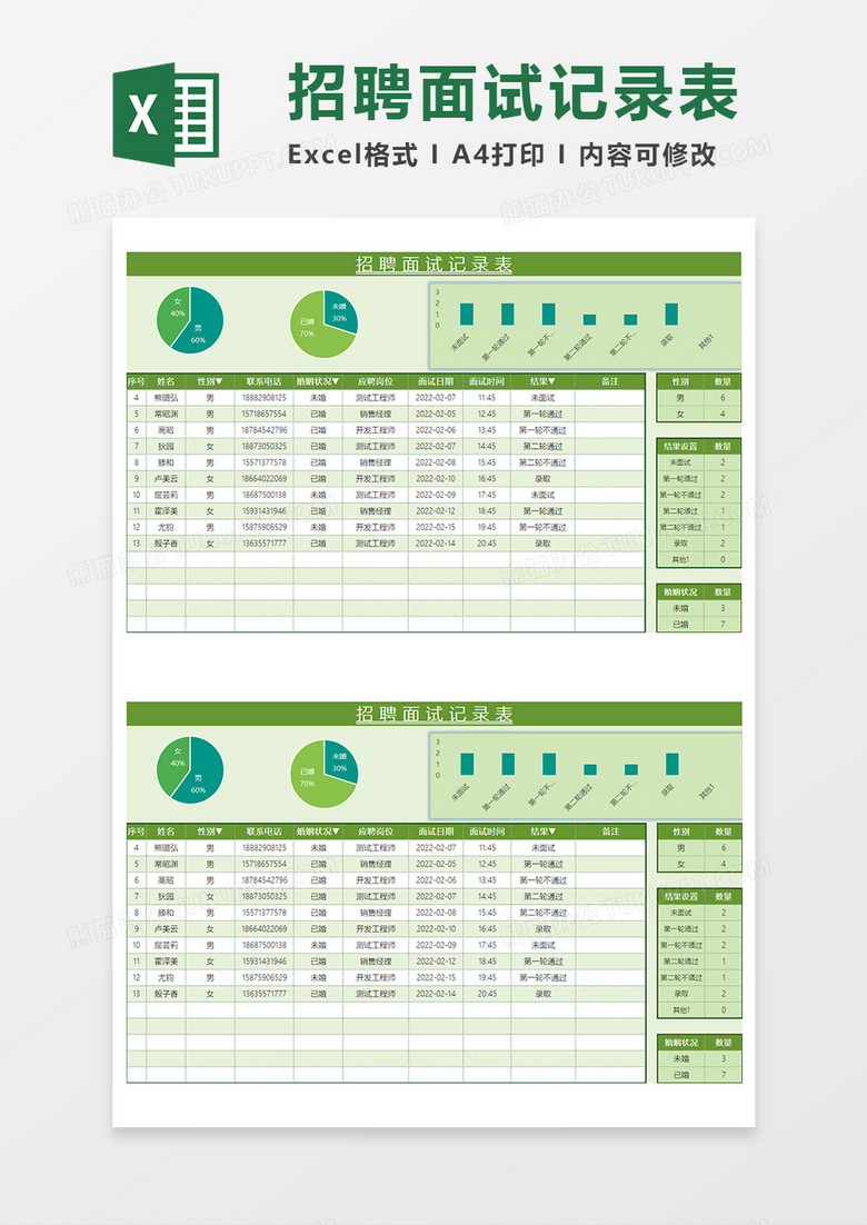 绿色商务招聘面试记录表EXCEL模板