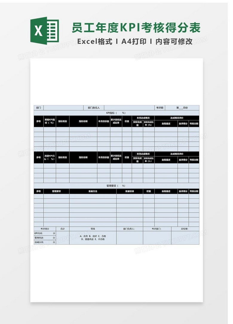 简约员工年度KPI考核得分表