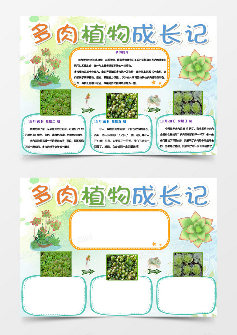 绿色卡通多肉植物成长记word模板