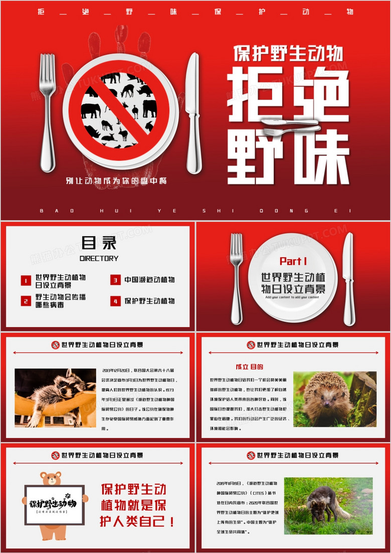 拒绝野味保护野生动物宣传PPT模板