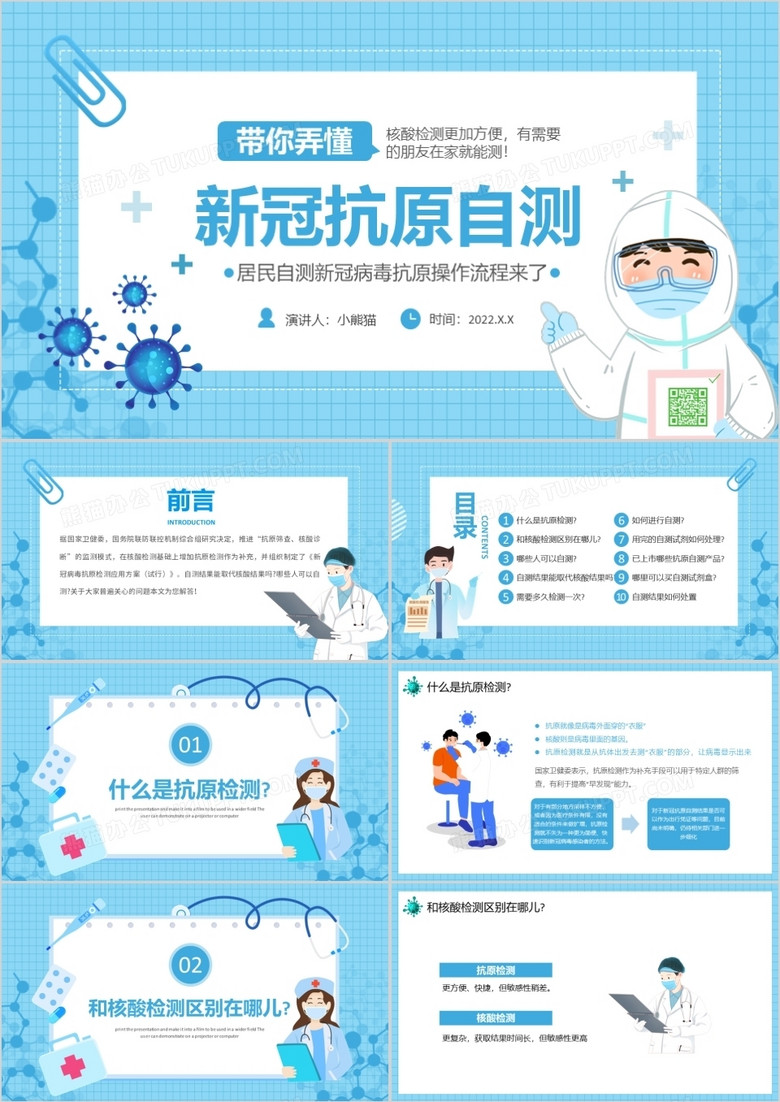 蓝色卡通带你弄懂新冠抗原自测PPT模板