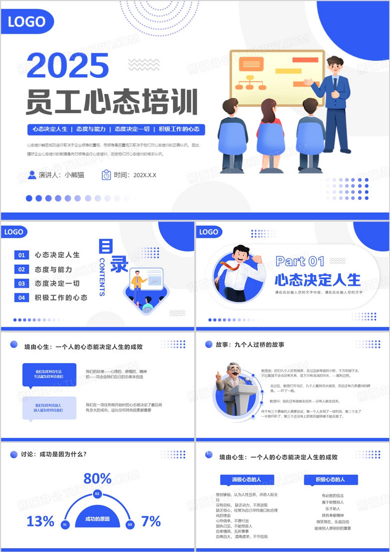 蓝色卡通风企业员工心态培训PPT模板