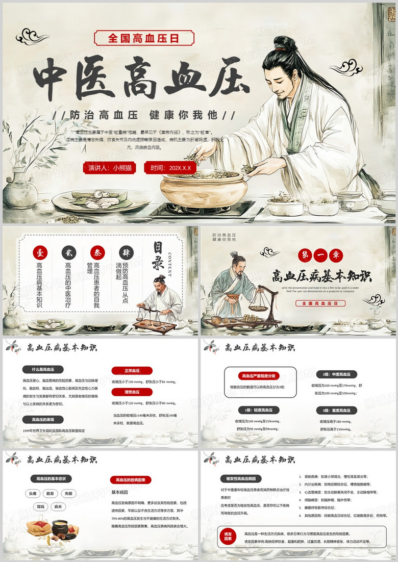 红色中国风中医高血压介绍PPT模版