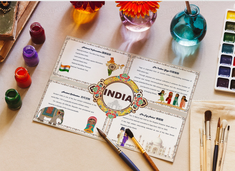 卡通英语国家地理外国小报印度泰姬陵旅游小报线稿word模板手抄报