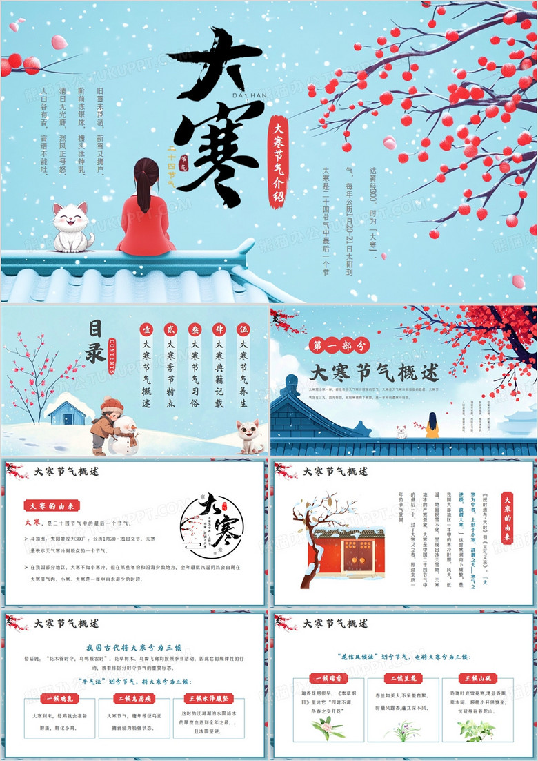 蓝色插画风二十四节气之大寒介绍PPT模板