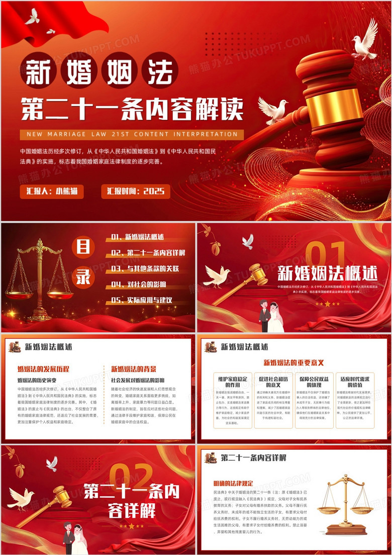 红色党政风新婚姻法第二十一条内容解读PPT模板