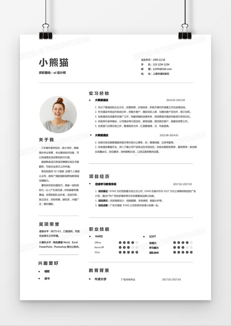 线条风IU设计师求职简历word简历模板