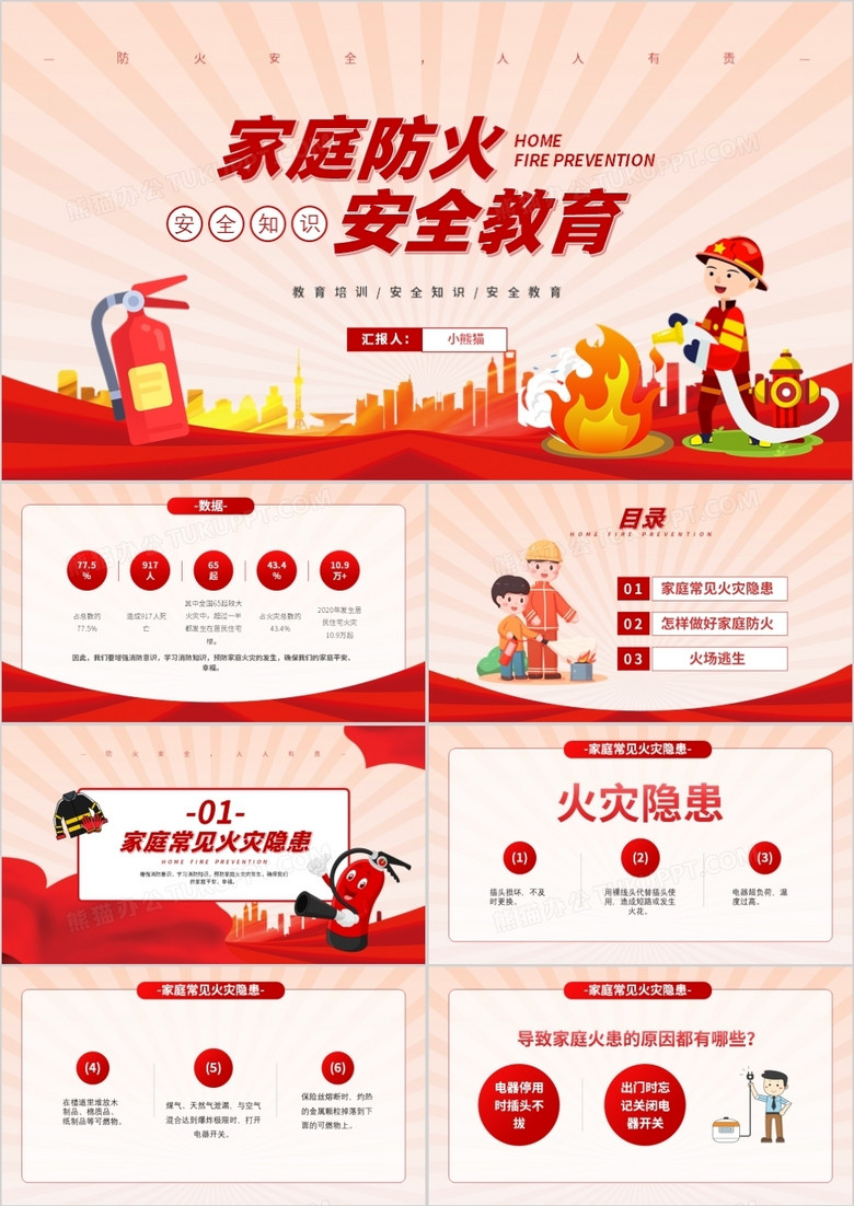 红色卡通格家庭安全防火知识教育ppt模板下载 安全ppt 熊猫办公