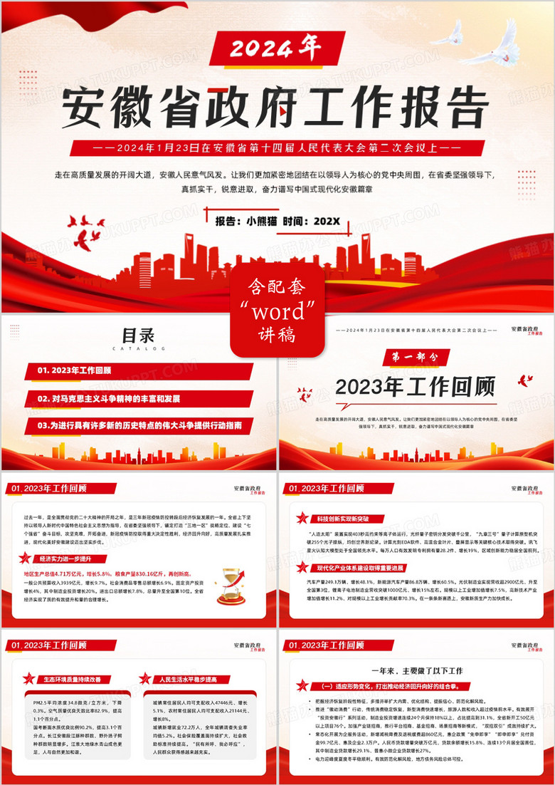 红色简约风安徽省政府工作报告PPT模板