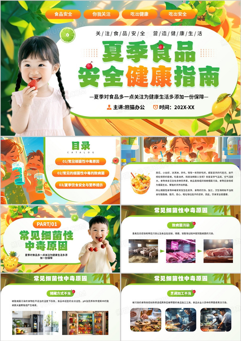 绿色卡通风夏季食品安全健康指南PPT模板