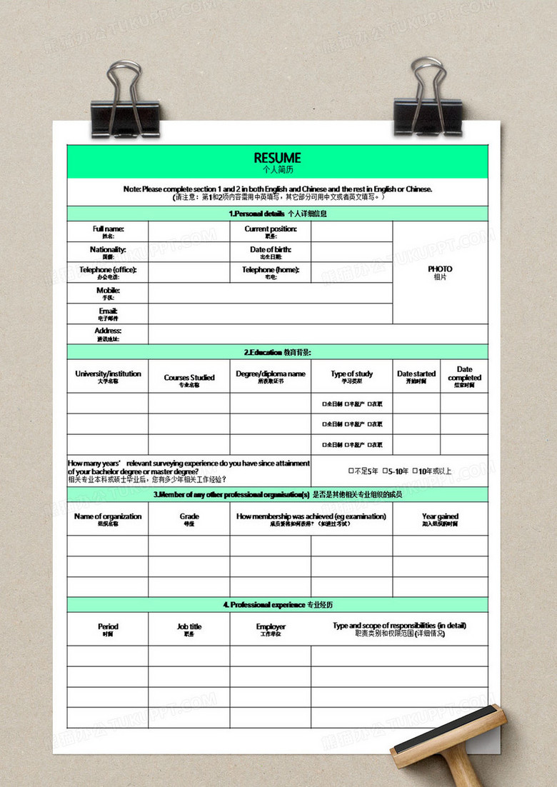 为中英文个人简历模板excel,                                格式为