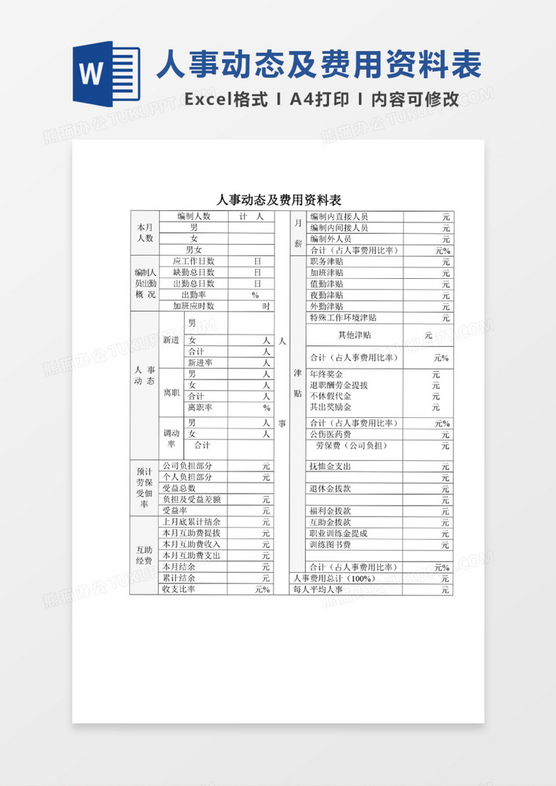 人事流动及费用资料表